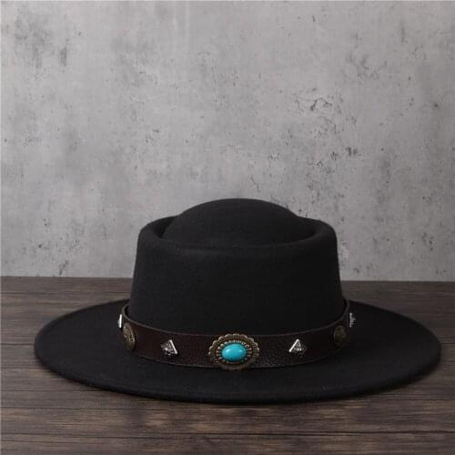 Women Men Winter Fedora Hat Lady Punk Belt Flatl Pork Pie Hat Gentleman Flat Bowler Porkpie Top Jazz Hat