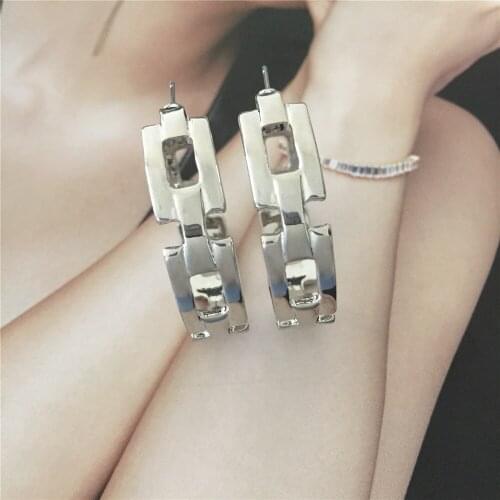 Trendy Rhodium Color Plating Big Cuba Chain Shape Medium Size Hoop Earrings For Women Girl Elegant Gorgeous Casual Jewelry