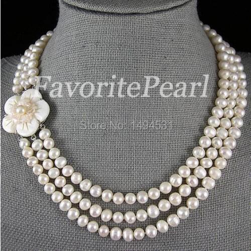 Pearl Necklace - Triple- Row 7-8mm White Color Freshwater Pearl Necklace Shell Flower Clasp - Handmade Jewelry - Free Shipping