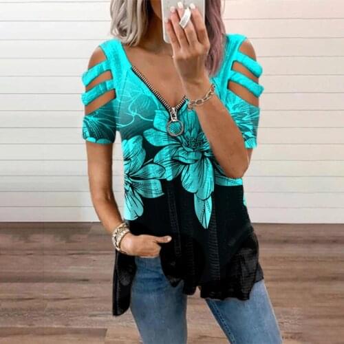 New Floral Print T-Shirt Women Summer Casual V-Neck Zipper Hollow Out Female Top Loose 5XL Plus Size Clod Shoulder Pullover 2021