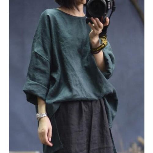 Women Loose Solid Color Irregular Length Blouse Tops Ladies Linen Blouses Female 2020 Autumn Spring Flax Tops