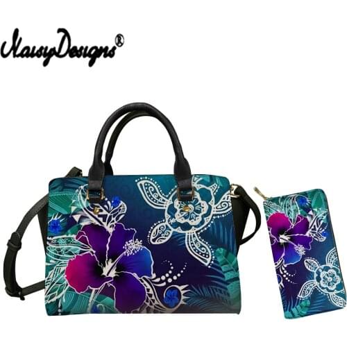 NOISYDESIGNS Purple Hibiscus Flower Turtle Prints Handbag Set Hawaii Style Women Crossbody Bag With Leather Purse Dropshipping