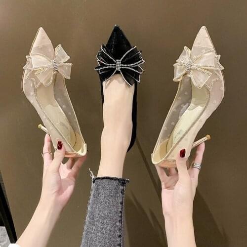 2021 New Bowknot High Heel Women Sandals Pointed Toe Lace Mules Sandals Shoes Vintage Heel Gauze Fashion Wedding Crystal