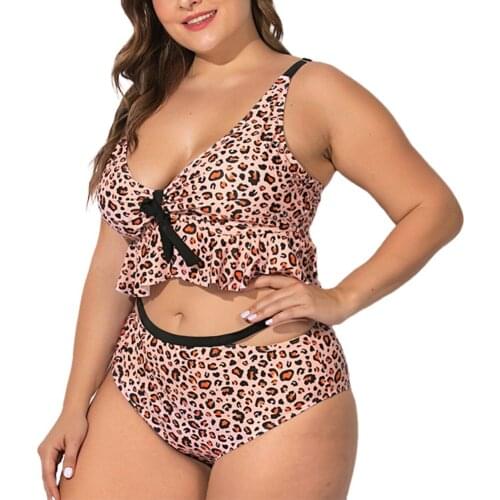 AA Women Leopard Print Bikini Set Bathing Suit V Neck Ruffle Top and Adjustable Strap Hollow-out Hip Brief Set Ladies Swimwear