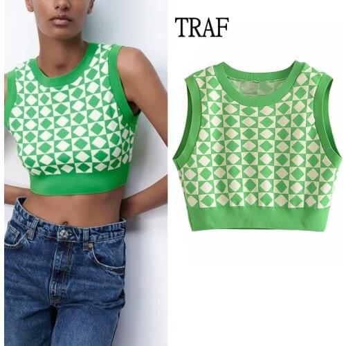 TRAF Za Women 2021 Vintage Lingge Sweater Vest Female Preppy Style Y2K Jumpers O Neck Casual Loose Knitwear Autumn Knitted Crop