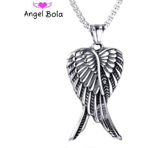 Fashion Unisex Stainless Steel Gothic Retro Double Angel Wings Pendant Necklace Locomotive Holiday Gift Wholesale