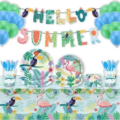 CYUAN Flamingo Summer Tropical Party Decor Palm Leaves Napkins Plates Bunting Banner Wedding Hawaiian Birthday Party Decorations