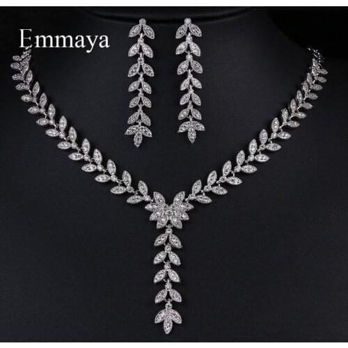 Emmaya New Fashion Natural Style Leaves Shape Drop Earring And Necklace Cubic Zircon Female Charming Jewelry Sets In Banquet