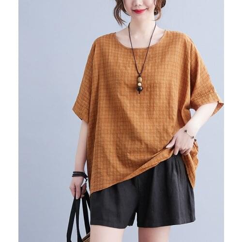 Fashion Plaid Womens Tops Thin Soft Cotton Loose Cozy T Shirts Plus Size Woman Travel Casual T Shirt Vintage Oversized T-shirt