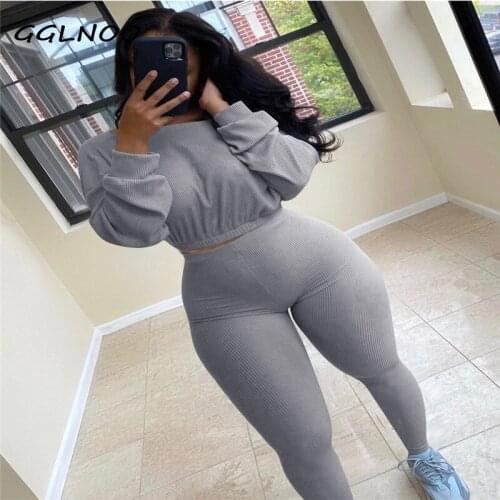 GGLNOO Casual Long Sleeve Top Pencil Pants Ribbed Sports Fitness Outfits Two Pieces Sets GG22814