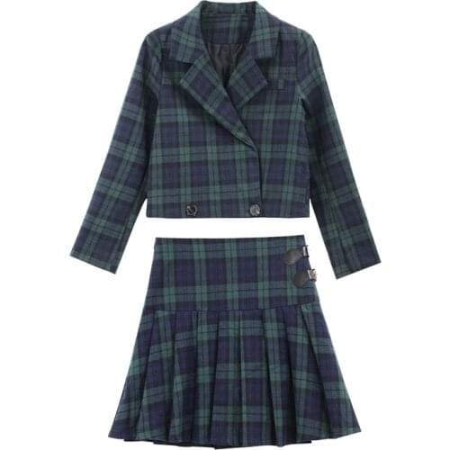 PERHAPS U Green Notch Collar Women Two Pieces Set Plaid Suit Button Mini Short Pleated Skirt Long Sleeve T0248