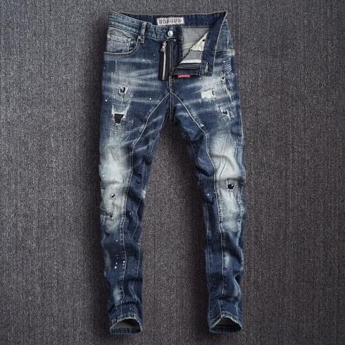 European Street Style Fashion Men Jeans Retro Blue Elastic Slim Fit Ripped Jeans Spliced Designer Hip Hop Denim Punk Biker Pants