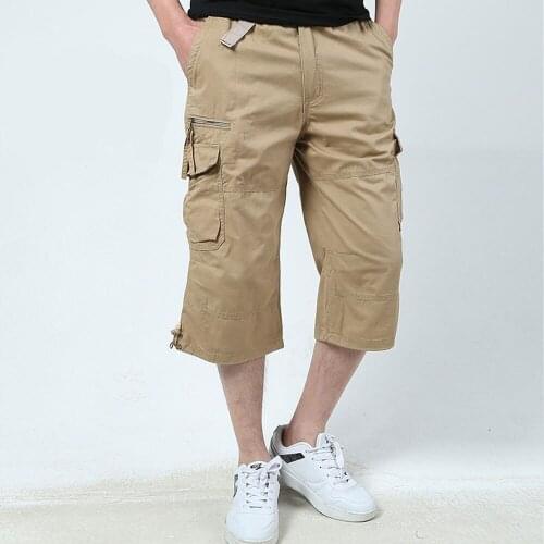 Male Shorts Multi Pocket Summer Loose Zipper Breeches Khaki Grey Plus Size Short Pant Casual Cotton Black Long Mens Cargo Shorts
