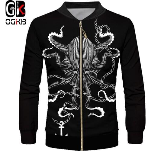 OGKB 2018 3d Cool Printed Inkfish Marine Anchor Black Jacket Windbreaker Casual Coat Long Sleeve Sweatshirt Man/women Tracksuit