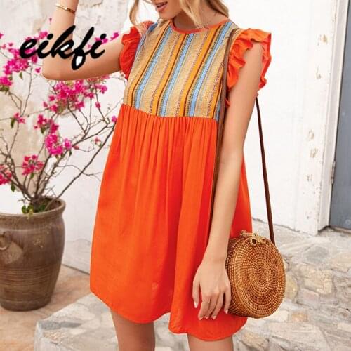EIKFI Multicolor Stripe Patched Women Dress Summer Ladies O Neck Butterfly Armhole Back Button High Waist Casual Vintage Dress