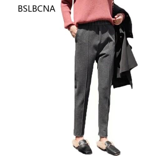 Casual Woolen Clothes Women Autumn Winter 2019 New Ankle Length Haren Pants Elastic Waist Solid Color Long Woman Trousers A134