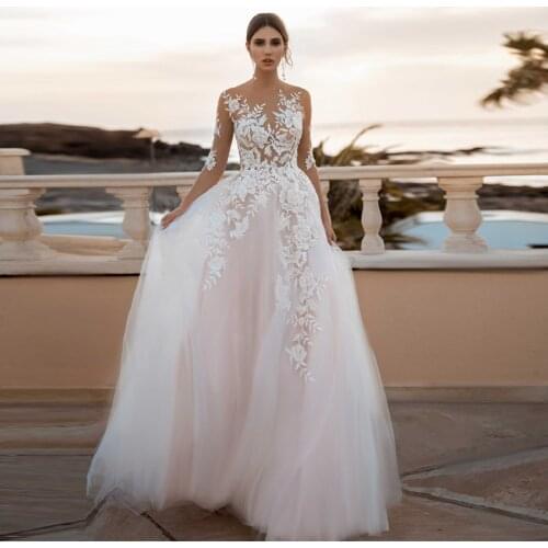 Sheer 3/4 Sleeves See Through Floral Applique Blush Dress Sexy Illusion Lace Wedding Dresses