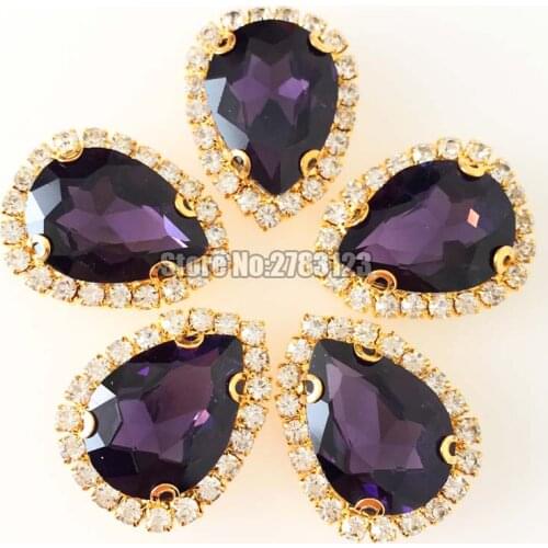 7x10mm 10x14mm 13x18mm 18x25mm 10pcs/bag Deep purple faltback Crystal button,AAA Glass Crystal Gold base sew on rhinestones