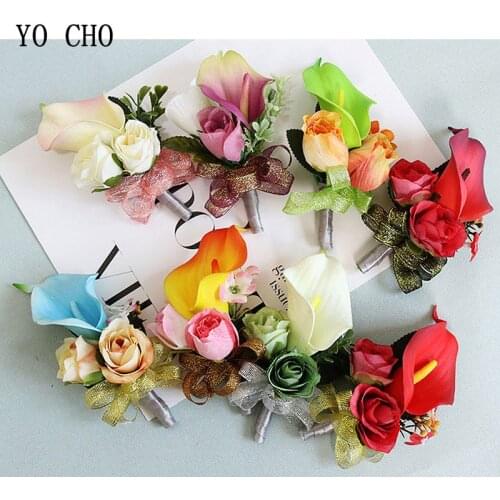 YO CHO Multicolor Wedding Decor Hand Flower Calla Lily Rose Ribbon Wrist Flower Corsage Bride Decor Suit Brooch Bracelet Flowers
