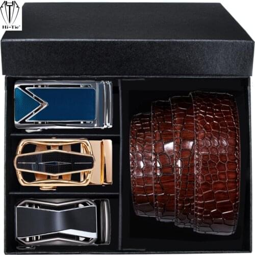 Luxury Boxed Mens Belts Set Automatic Buckles Red Burgundy Crocodile Pattern Leather Waistband for Men Wedding Party Casual Gift