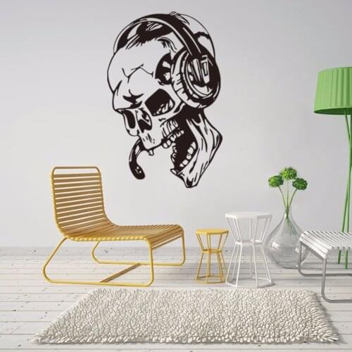 Skeleton listening to music creative vinyl wall decal home decor living room diy art mural wallpaper removable wall stickers