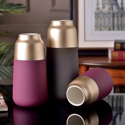 1pc Modern Ceramic Vase Purple Grey Porcelain Vase with Gold-plated Glazed Home Decoration Centerpiece Desktop Vase