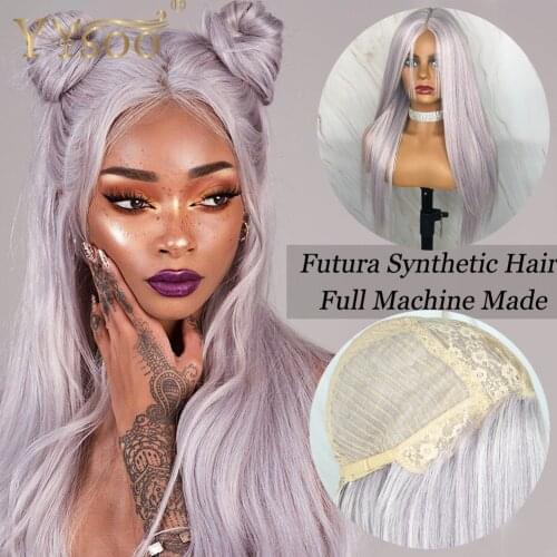 YYsoo Long Silky Straight Japan Futura Hair Full Machine Made Wigs For Women Purple Highlight White Synthetic Wig Soft & Smooth
