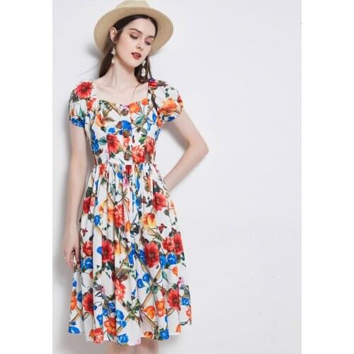 Fashion Women Runway Summer Dress Flower Buttons Floral Print Sundress Beach Bohemian Blue And White Red Porcelain Short Dresses