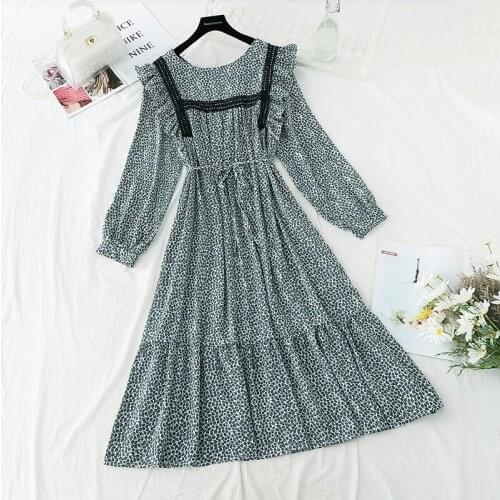 Elegant Round neck Ruffles Women Dress Full Sleeve Elastic Waist Female Chiffon Dress 2021 Spring Midi Vestidos femme