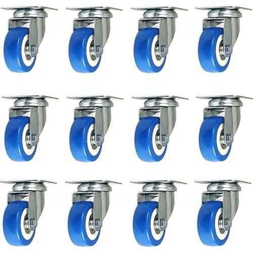 12-Piece Caster Swivel Plate Caster Blue Polyurethane Wheel PVC Double Bearing Swivel Caster