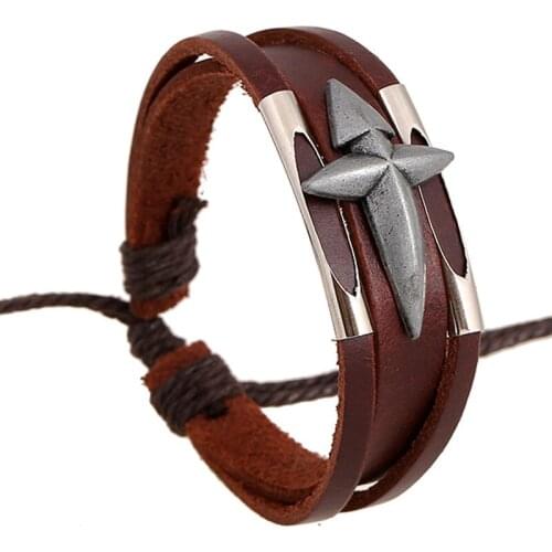 6pcs/lot Jesus Cross Charms Bracelets Leather Alloy Bracelet Fashion Catholic Christian Religious Jewelry Brown Wristband