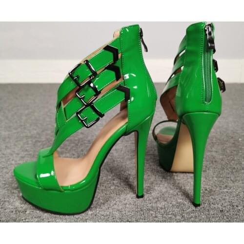 14cm Women Sandals Green Patent Leather High Heel Dress Shoes Deep Toe Buckle Nightclub Sexy Pumps