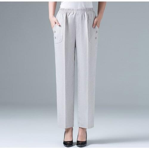 Plus Size XL- 5XL Womens Summer Pant New Solid Elastic Waist Casual Pants Middle-aged Mother Pants Loose Straight Pants
