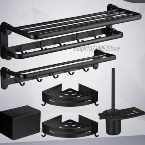 Black Non Perforated Bath Towel Rack Toilet Towel Rack Set Bathroom Shelf Bathroom Rack Bathroom Pendant Creative Five Piece Set