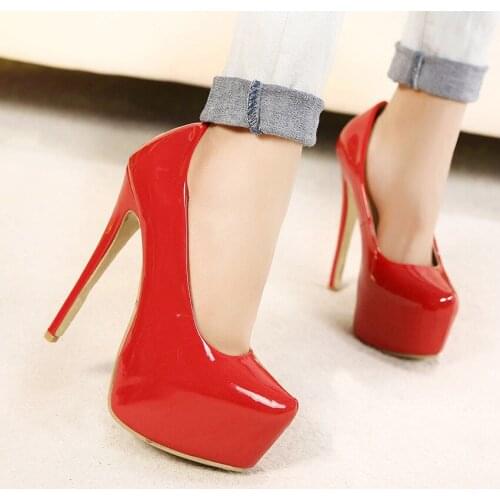 Elegant Single Shoes Women Black Sexy Pumps Wedding Party Platform Dress High Heels Shoes Ladies 15CM Patent Leather Red PW167