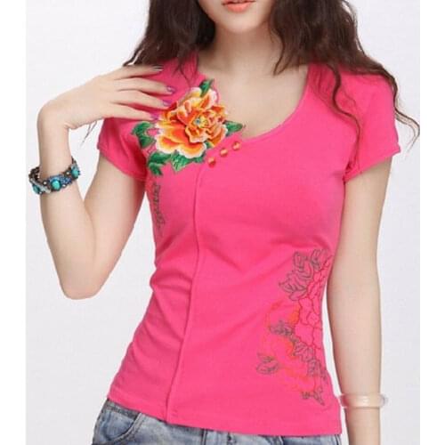 T Shirt Women White T shirt Cotton Summer Top Plus size Basic Tshirt Short sleeve Ethnic Embroidery Ladies Casual
