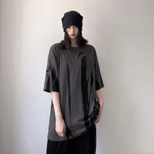 Women O Neck Harajuku Casual T-shirt Ink Print Street Hip-hop Short Sleeve Top Gray Black Lady Dark Gothic Loose T Shirt Summer