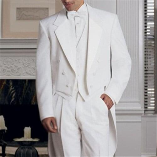 Classic White Tailcoat Mens Suit For Wedding 3 Pieces(Jacket+Pants+Vest+Tie) Notched Lapel Trim Fit Formal Grooms Blazer 310