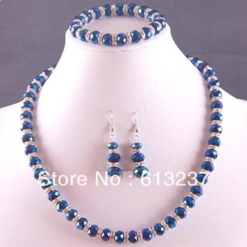 Hot free Shipping new 2014 Fashion Style diy 8X10MM Blue Crystal Faceted Beads Necklace+ Bracelet +Earrings MY5213