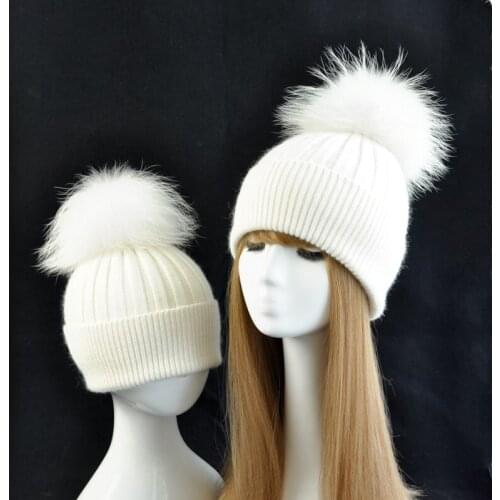 Lovely Parent-child Hats Baby Girls Boys Real Fur Ball Hats Women Mother Hat Winter Knit Fur Pom Pom Winter Knitted Hats