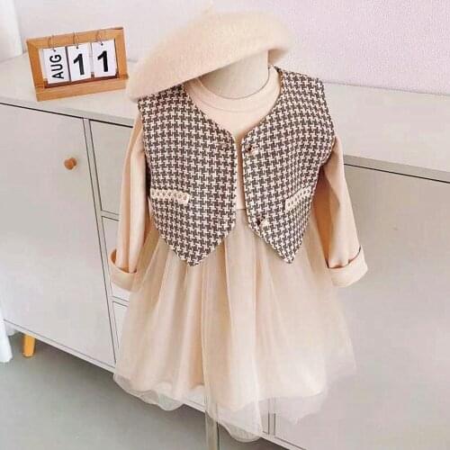 Sweet Autumn Girls Kids Princess Dress+Plaided Waistcoat Long Sleeve Children Baby Dresses Vestidos Suit Fashion Outfits ADK209