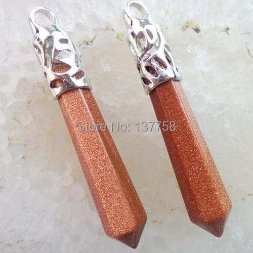 Min. Order is $10) 2pcs Wire Wrap Gold Sand Stone Pendulum Pendant Bead SAM1996