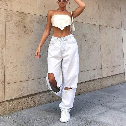 Mid Waist Boyfriend Fashion Loose Destroyed Womens Classic Hole Baggy Jeans White Womens Vintage Pants Wide Leg Jeans Trousers