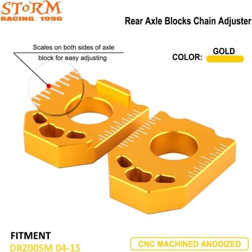 Motorcycle CNC Gold Axle Block Chain Adjuster For Suzuki DRZ400SM DRZ400 SM 2004 2005 2006 2007 2008 2009 2010 2011 2012-2015
