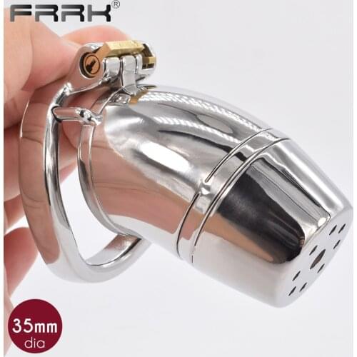 FRRK Male Chastity Device Full Closed Steel Cock Cage BDSM Adult Sex Toys Metal Bondage Belts for Men Shower Head Penis Rings