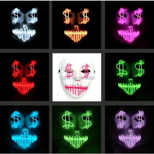Payday Party Neon Luminous LED Mask Dollars EL Wire Mask Halloween Glowing Flashing Mask Drop Shipping