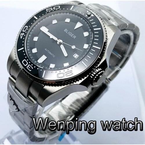 New Bliger 43mm Silver Case Sapphire Glass Ceramic Bezel Black Dial Date Luminous Mens Top Automatic Mechanical Watch