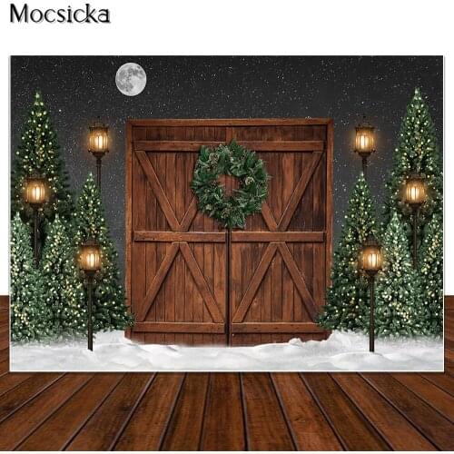 Christmas Background for Photography Winter Snow Decorations Backdrop Brown Wooden Door Photocall Background Photo Studio