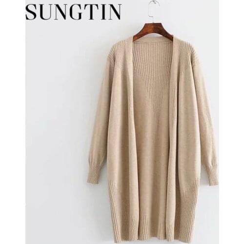 Sungtin Loose Long Knitted Cardigan Women Vintage Casual Sweater Outwear Female High Quality Ribbed Knit Cardigan 2021 Korean