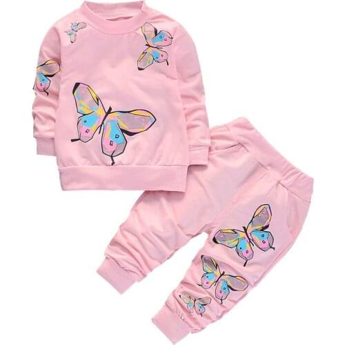 Baby girl spring and autumn cotton sweater two-piece suit girl cute cartoon butterfly print sweater pants casual sports suit